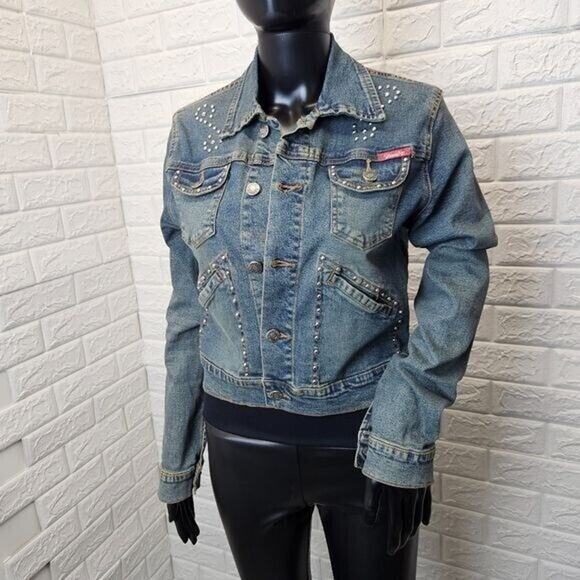 GI and Jo Womens jean jacket M studded graphic ZA - Picture 7 of 9